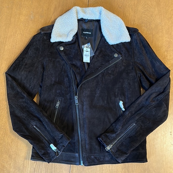 Express Moto Jacket Suede Leather Small Chocolate Brown w/Sherpa Collar NEW - Picture 2 of 5